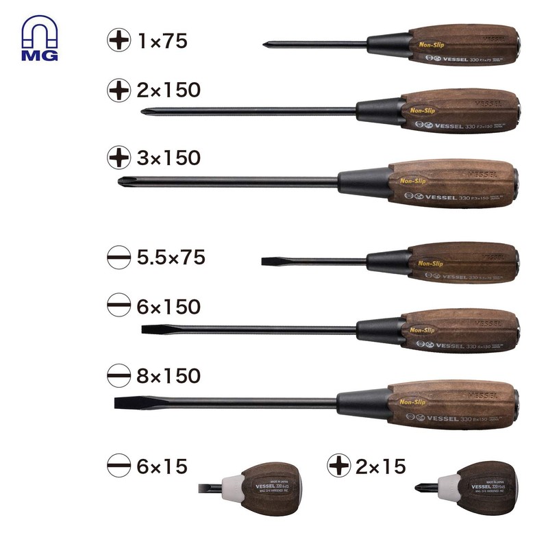 VESSEL WOOD-COMPO Non-Slip Tang-Thru Screwdriver (8PC. SET 3308EVA)