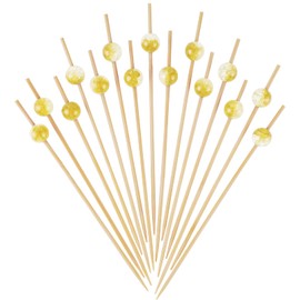 Minisland Pastel Yellow Pearl Cocktail Picks, 4.7 Inch Long Bamboo Fancy Toothpicks for Appetizers, Decorative Mardi Gras Carnival Party Food Drinks Garnish Fruit Skewer Sticks 100 Counts - MSL415