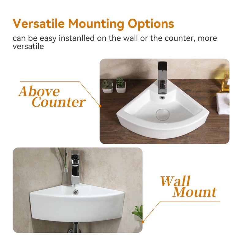 HOROW Corner Bathroom Sink, 18"x 13" White Porcelain Wall Mount