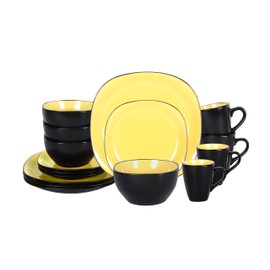HomeVss, Stoneware Square 16pc Dinnerware Set, Inside Shiny Yellow + Outside Matte Black