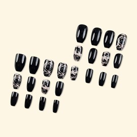 ＴＩＺＹＦＦ Press on Nails, Black Rose Fake Nails, Artificial Nails for Women and Girls -24 pcs