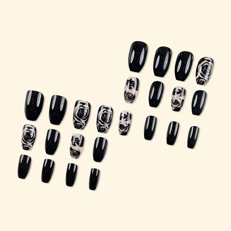 ＴＩＺＹＦＦ Press on Nails, Black Rose Fake Nails, Artificial Nails