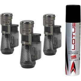Vertigo Cyclone Triple Torch Cigar Lighter Charcoal or Clear 3 Pack Plus 1 Lotus 90ml Butane Can (Charcoal)