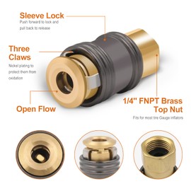 SAFELIFE Lock on Air Chuck, Heavy Duty Brass Open Flow Straight Locking Air Chuck Quick Connect 1/4" FNPT Tire Chuck for Pressure Gauge Tire Inflator Compressor Accessories