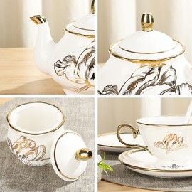 fanquare British Porcelain Tea Coffee Set 22 Piece New Bone China Gold Tulip Tea Service for Afternoon Tea, 6 TeaCup and Saucers with Metal Holder for Home Wedding Birthday
