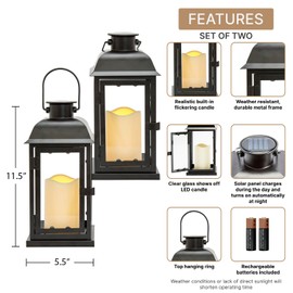 LampLust Outdoor Solar Powered Lantern with Flameless LED Pillar Candle, 11 Inch Tall, Set of 2, Waterproof, Black Metal, Hanging Decorative Candle Lamp for Porch, Floor or Patio Home Decor