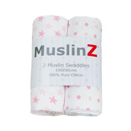 MuslinZ Baby Muslin Squares, Soft, Breathable and Absorbent Newborn Receiving Blanket, Swaddles XL 100x90cms 100% Cotton (2 Pack) (Pink)