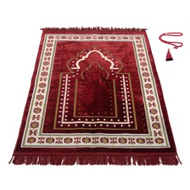 TB Islamic Prayer Rug plush Soft Velvet Muslim Mat Unique Arabic Turkish African Embroidered Design Prayer Bead Daily Salah Prayer Meditation Ramadan Eid Gift for Women Men Kids (Red)
