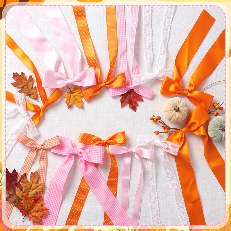 Pink and Orange Fall Bow Garland, Thanksgiving Fall Mantel Bows