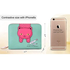 Binnan Women's Cartoon Cat Wallet, Leather Small Purse with Zip (Light Green), Green, Modern