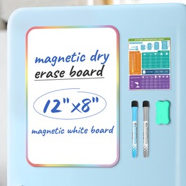 Magnetic Dry Erase Board Sheet for Fridge, Magnetic White Board for Refrigerators, 12"x8" Small Magnet Whiteboard Organizer for Kitchen, Include 1 Eraser, 2 Markers, 1 Conversion Chart