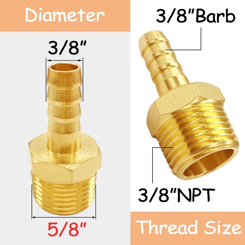Brass 3/8" NPT Male to 3/8" Hose Barbed Fittings, 2PCS
