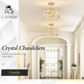 CATINER Modern Gold Crystal Chandeliers, Small Semi Flush Mount Chandelier 4-Ligh 12'' Drum Crystal Pendant Light Fixture for Foyer Entryway Kitchen Hallway Dining Room