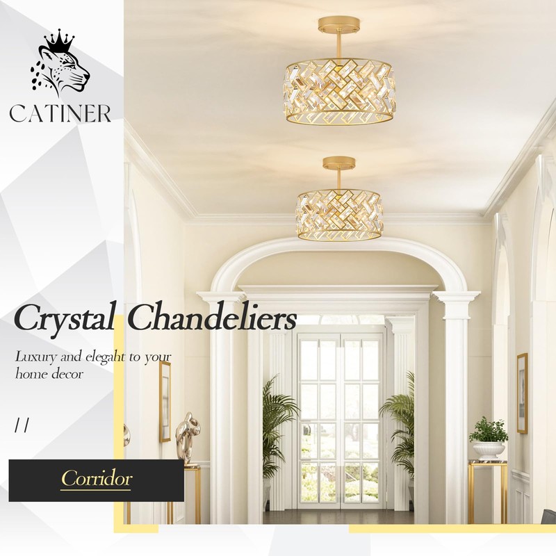 CATINER Modern Gold Crystal Chandeliers, Small Semi Flush Mount Chandelier