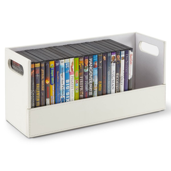 Stock Your Home DVD Storage Box, Movie Shelf Organizer for Blu-Ray, Video Game Cases, CDs, VHS Tape Display Stand, Disc Holder Can Store Up to 28 DVDs, Faux Leather (White)