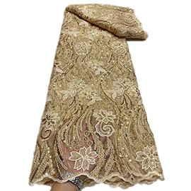 DJBM Glittering African Lace Fabric 5 Yards Gold French Tulle Lace Fabric Nigeria Beads Tube Sequin Lace Net Fabric for Sewing Wedding Party Dress