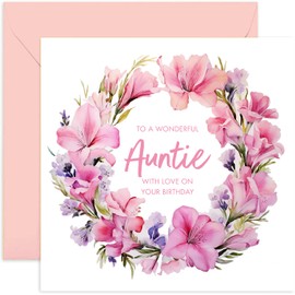 Old English Co. Auntie Birthday Card Floral - Mum Flower Birthday Card - Pretty Greeting Cards For Women - Flowers Pink Lily Design Birthday Card for Auntie | Blank Inside with Envelope