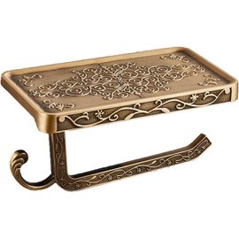 Antique Brass Toilet Paper Holder with Shelf, Aluminum Wall Mount Toilet Tissue Holder with Cell Phone Storage and Hook,Bathroom Toilet Paper Holder Modern Style & Rustproof（Aluminum Bronze）