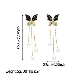 RCHENGYANUIMA Rhinestone Butterfly Tassel Crystal Imitation Pearl Dangle Earrings for Women Girls, Zinc, No Gemstone