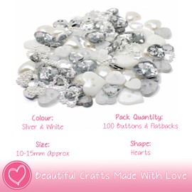 100 x Deko-Herzen, Mix glitzernd Silberfarben/Weiß, Harz, flache Rückseite, Bastelarbeiten, Kartenverzierungen