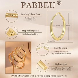 PABBEU Earrings 925 Silver Hoop Earrings, Hypoallergenic Chunky Hoop Earrings, Large Thick Hoop Earrings, Lightweight for Women and Girls, 35/40/50 mm, Silver, No Gemstone