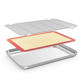 Bastwe Baking Sheet with Cooling Rack and Silicone Baking Mat, 20 Inch Stainless Steel Bakeware, Healthy & Nontoxic & Rustproof & Easy Clean & Dishwasher Safe