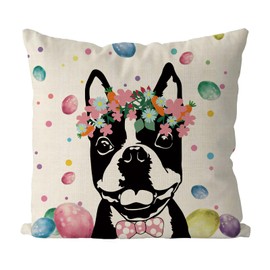 GAGEC Easter Pillow Covers 18x18 Inch Boston Terrier Throw Pillowcase Easter Eggs Home Sofa Bedroom Cushion Case Seasonal Dog Farmhouse Decorations