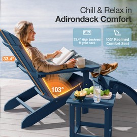 YEFU Adirondack Chair Weather Resistant: Outdoor Chair HIPS Plastic Adirondack Chairs - Patio Chairs with Wood Texture - Lawn Fire Pit Deck Porch Garden Chairs for Adults (Navy Blue)