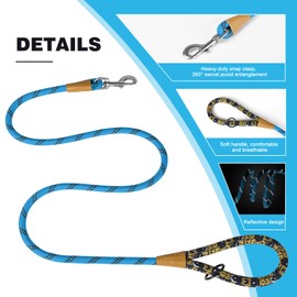 lynxking Rope Dog Leash 6 FT with Comfortable Padded Handle, Highly Reflective Threads Leash for Small Medium Large Dogs (Light Blue, Small 3/8in x 6ft-Rope Clasp)