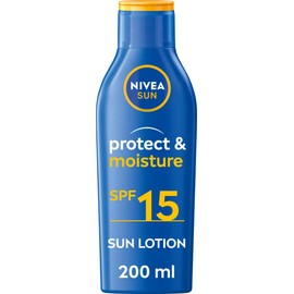 NIVEA SUN Protect & Moisture Sun Lotion SPF 15 (200 ml), Suncream with Vitamin E, Provides 48 Hour Moisture and Immediate UVA & UVB Protection