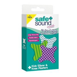 Safe & Sound Kids Elbow & Knee Plasters – 6 Pack – Large Hypoallergenic Fabric Plasters with Fun Designs for Children – Flexible Wound Care for Scrapes and Grazes