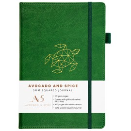 A5 Squared Notebook by Avocado and Spice® with Gift Box & Velvet Bag - A5 Grid Paper Notebook - Notebook Squared Paper Notebook A5 - Elastic Strap, Pen Holder, 200 Thick Page (Green, Squared)