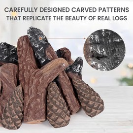 IGOHEALS 8 Pcs Gas Fireplace Logs - Realistic Ceramic Gas Log Set, Heat Resistant Lightweight Faux Wood Fake Log for Indoor/Outdoor Fire Pit Firepit Decorative