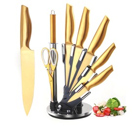 Gold Knife Set，8Pcs Golden Titanium Stainless Steel Dishwasher Safe Kitchen Knife Set with Acrylic Knife Holder, Non Stick Non Rust Knife Block Set