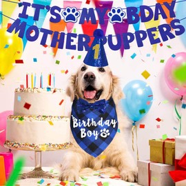 JOTFA Dog Birthday Party Supplies, Multi Sizes Dog Birthday Bandana Boy Dog Birthday Hat Bow Tie Numbers It’s My Bday Mother Puppers Sign Banner for Large Extra Large Dogs Pets (X-Large, Blue)