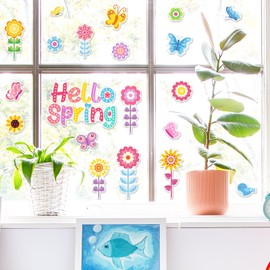 JarThenaAMCS 20Pcs Hello Spring Thick Gel Clings Colorful Flowers Butterfly Bird Window Gel Decals Reusable Seasonal Floral Window Clings for Home Classroom Nursery Party Supplies