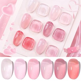 Born Pretty Jelly Gel Nail Polish Sheer Pink Gel Nail Polish Valentine's Day Crystal Transparent Milky Gel Polish Kit Nail Art Varnish Collection Gift Set 7ML 6PCS