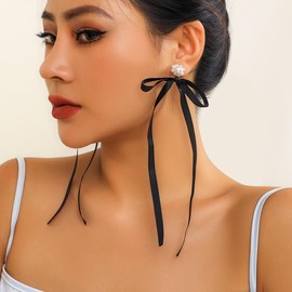 Asphinien Long Tassel Pearl Crystal Bow-knot Earrings Bridal Wedding Silk Band Drop Dangle Earrings Dainty Bow Anniversary Party Ear Accessories for Women (Black A)
