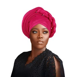 African auto gele Headtie Wedding Party Headpiece Women Head Wraps Muslim Hat (US, Alpha, One Size, rose red)