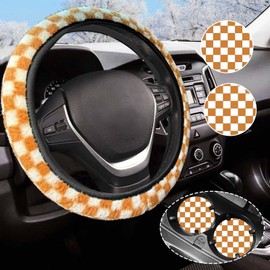 Yellow Checkered Fuzzy Steering Wheel Cover for Women, Universal Auto Steering Wheel 14-15 Inch Soft Warm Car Interior Accessories with 2PCS Car Coasters, Suitable for Men and Women