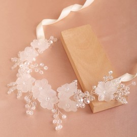 BERYUAN Women White Flower Beads Crytsal Hair Vine Silver Wedding Handmade Headband Flower Beads Hair Accessory Silver Headpiece for Brides Bridesmaid