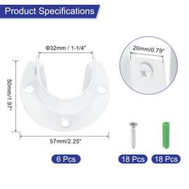 sourcing map 6 Pcs 32mm / 1-1/4" Inch Closet Rod Bracket Stainless Steel U-Shaped Rod Socket Flange Closet Rod Holder for Closet Rod, White