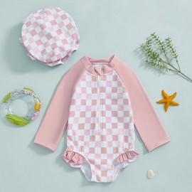 NANYKNIGHTY Baby Girl Rash Guard Swimsuit Long Sleeve Checkered Zipper Bathing Suit Infant One Piece Swimwear (Pink, 6-12 Months)