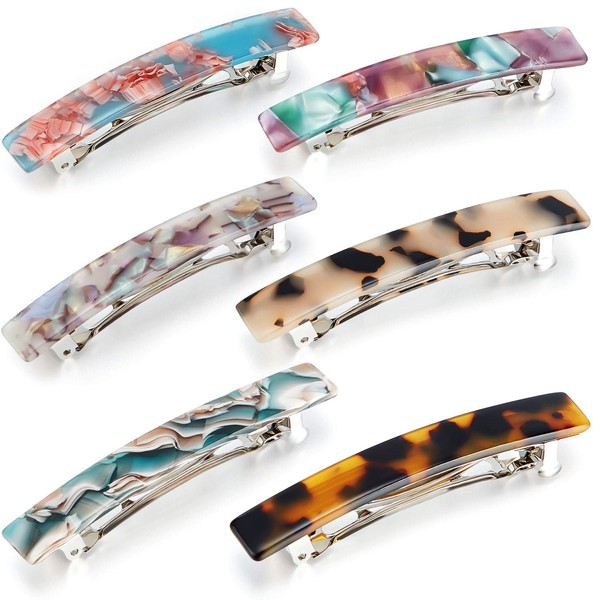 6 Pieces Tortoise Shell Hair Barrettes Medium French Snap Hair Barrettes Automatic Acetate Hair Clips Tortoise Rectangle Hair Clips for Women Girls Hair Accessories (Chic Patterns)