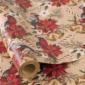 RUSPEPA Kraft Christmas Wrapping Paper Roll, Mini Roll, Cardinal Bird, Poinsettia, Golden Bell and Candy Cane Design, Vintage Kraft Gift Wrap for Women, Family, Xmas Holiday, 17 Inches x 16.4 Feet