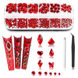 Mixed Styles 3D Glass Red Crystal Nail Art Rhinestones Kit with Flatback Round Bead Charm Gem Stone Jewelry Diamond for Women DIY Nail with Pickup Pen & Tweezers(red)
