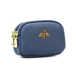 QIUTIMIY Women Leather Small Purse Pouch Cash Mini Coin Wallet Double Zipper Pocket with Keychain(Blue)