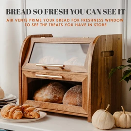 Arise Stylish Acacia Bread Box for Kitchen Countertop, Extra Large 2-Shelf Wooden Bread Storage Container with Clear Windows and Air Vents Keep Bread, Bagels and Rolls Fresh, Self Assembly