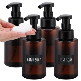 Segbeauty Foam Soap Dispenser, 4 Pcs 400ml Hand Soap Dispenser, Plastic Pump Bottle, Shampoo Bottle with Labels, Refillable and Leakproof (Brown)