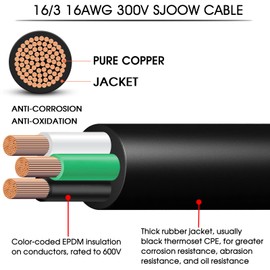 16/3 Wire 16 AWG SJOOW Cable Portable Power Cable,16 Gauge 300V SJOOW Cord Wire,16 AWG 3 Conductor Control Cord for Mini Split Air Conditioner HVAC/Heat Pump/Speaker Systems/Light/Trailer-50ft